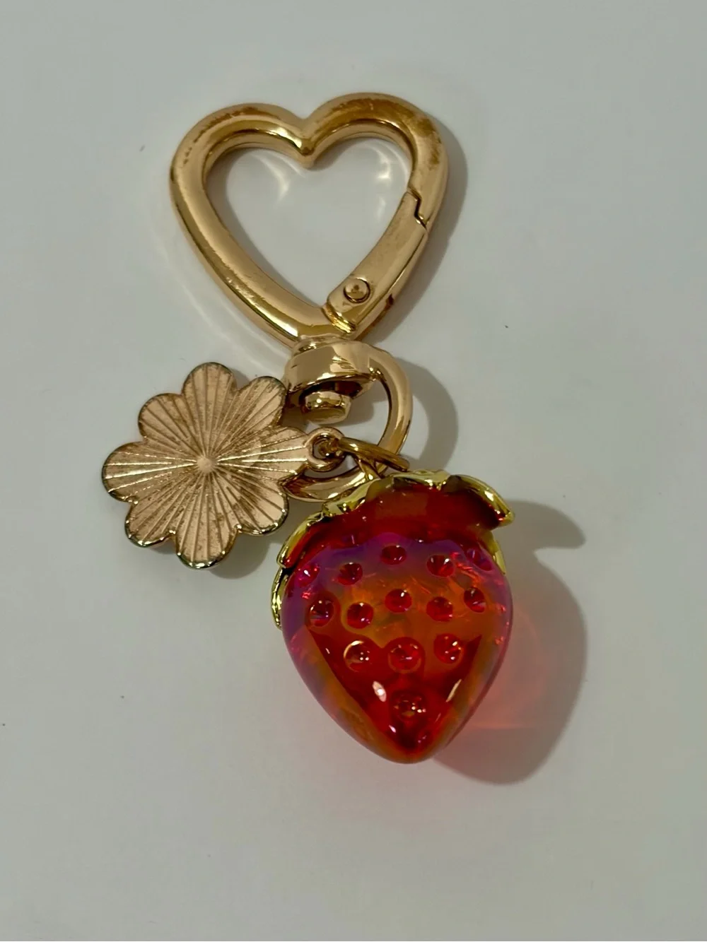 Gold Heart Keychain with Red Strawberry and White Daisy Charms